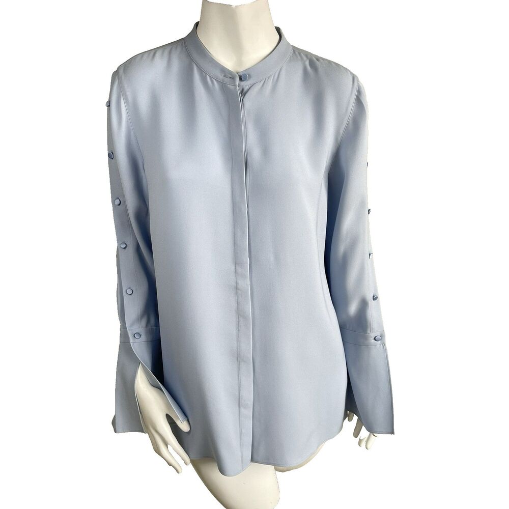Lafayette 148 Nicolette Silk Georgette Buttoned Split Cuff Blouse L Dusty Blue